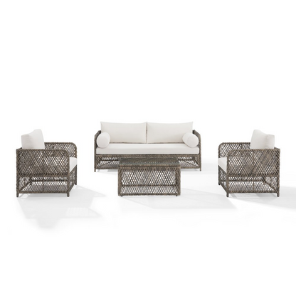 Granite Bay 4-piece outdoor patio furniture set with sofa, coffee table, and two chairs by Start2Finish, shown on a patio.