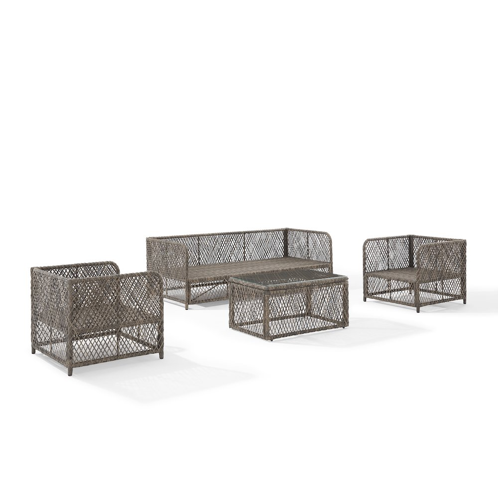 Granite Bay 4-piece outdoor patio furniture set by Start2Finish, includes sofa, coffee table, and two chairs on a patio.