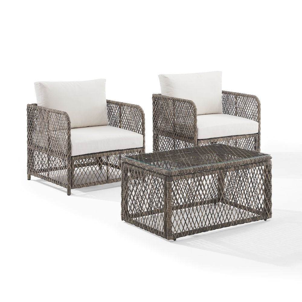 Start2Finish Granite Bay 3-piece wicker outdoor chair set with coffee table and two chairs, ideal for patio or garden seating.