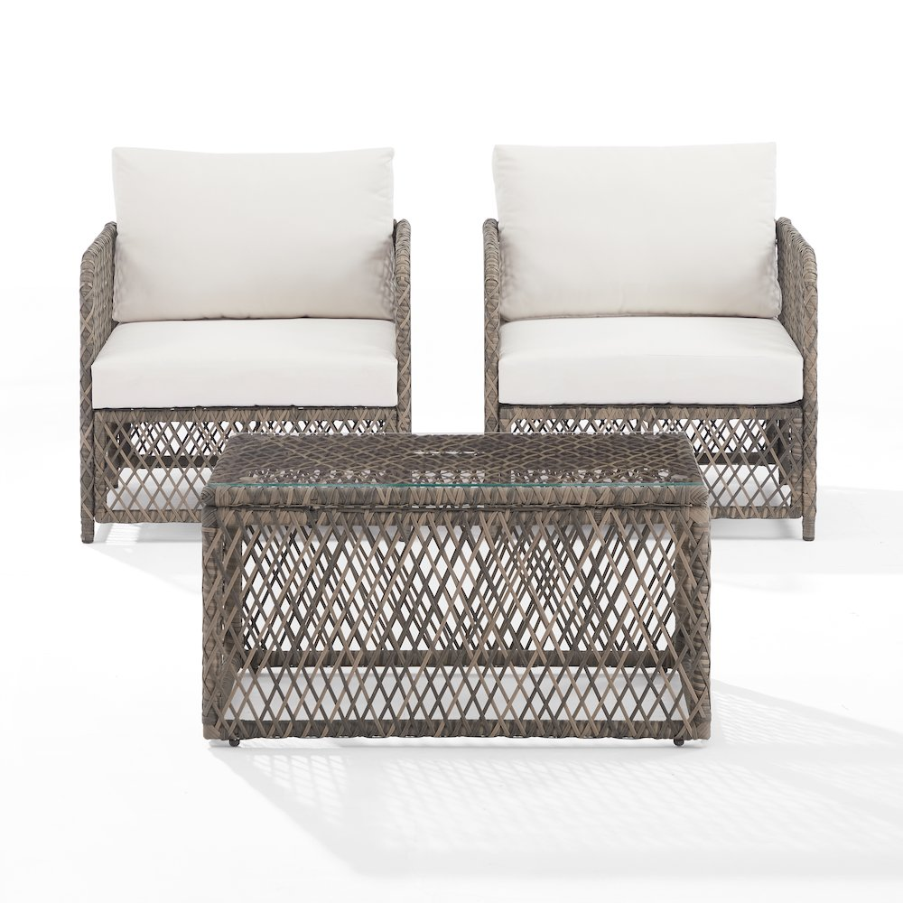 Start2Finish Granite Bay 3-piece wicker outdoor chair set with coffee table, featuring two chairs with cushions and a central coffee table.