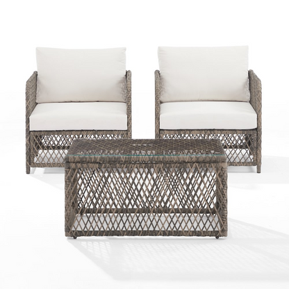 Start2Finish Granite Bay 3-piece wicker outdoor chair set with coffee table, featuring two chairs with cushions and a central coffee table.