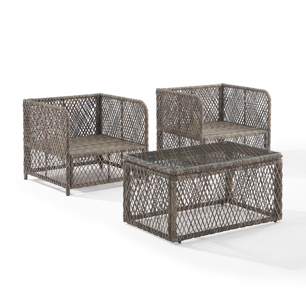 Start2Finish Granite Bay 3-piece wicker outdoor chair set with coffee table and two chairs, perfect for patio relaxation.