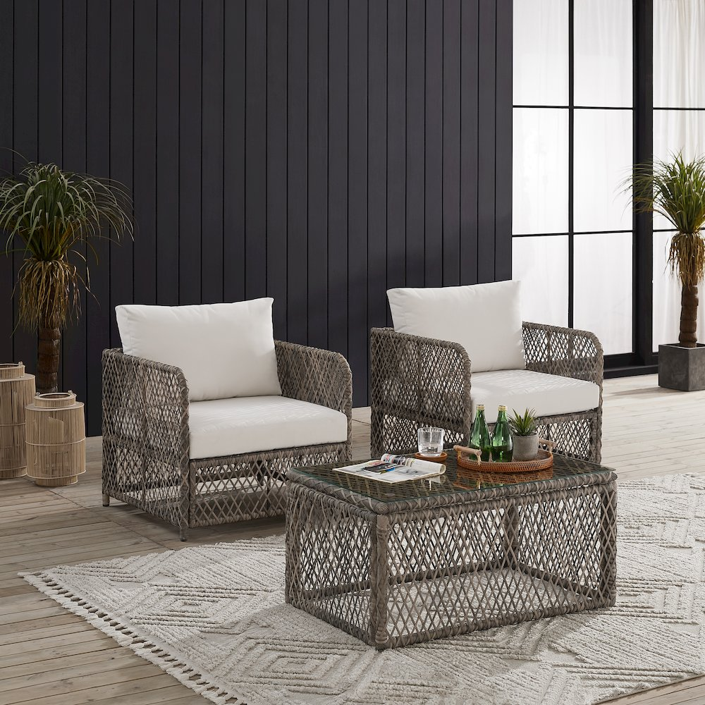 Start2Finish Granite Bay 3-piece wicker outdoor chair set with coffee table and two chairs for patio lounging.