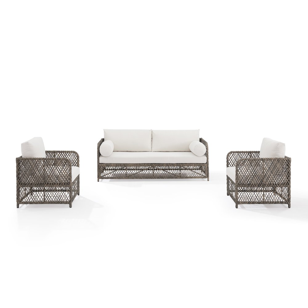 Start2Finish Granite Bay 3-piece wicker outdoor sofa and chair patio furniture set, featuring cushioned seating and woven design.