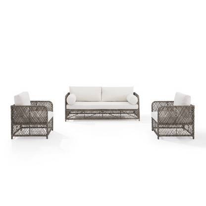 Start2Finish Granite Bay 3-piece wicker outdoor sofa and chair patio furniture set, featuring cushioned seating and woven design.