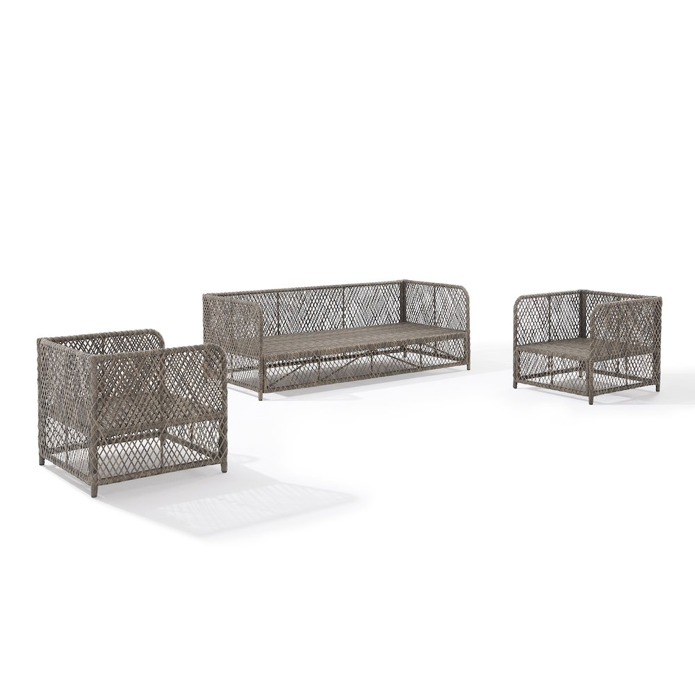 Granite Bay 3-piece wicker outdoor sofa patio furniture set with a sofa and two chairs, featuring plush cushions and stylish design.