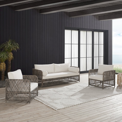 Granite Bay 3-piece wicker outdoor patio furniture set with sofa and two chairs by Start2Finish, featuring cushioned seating and a coffee table