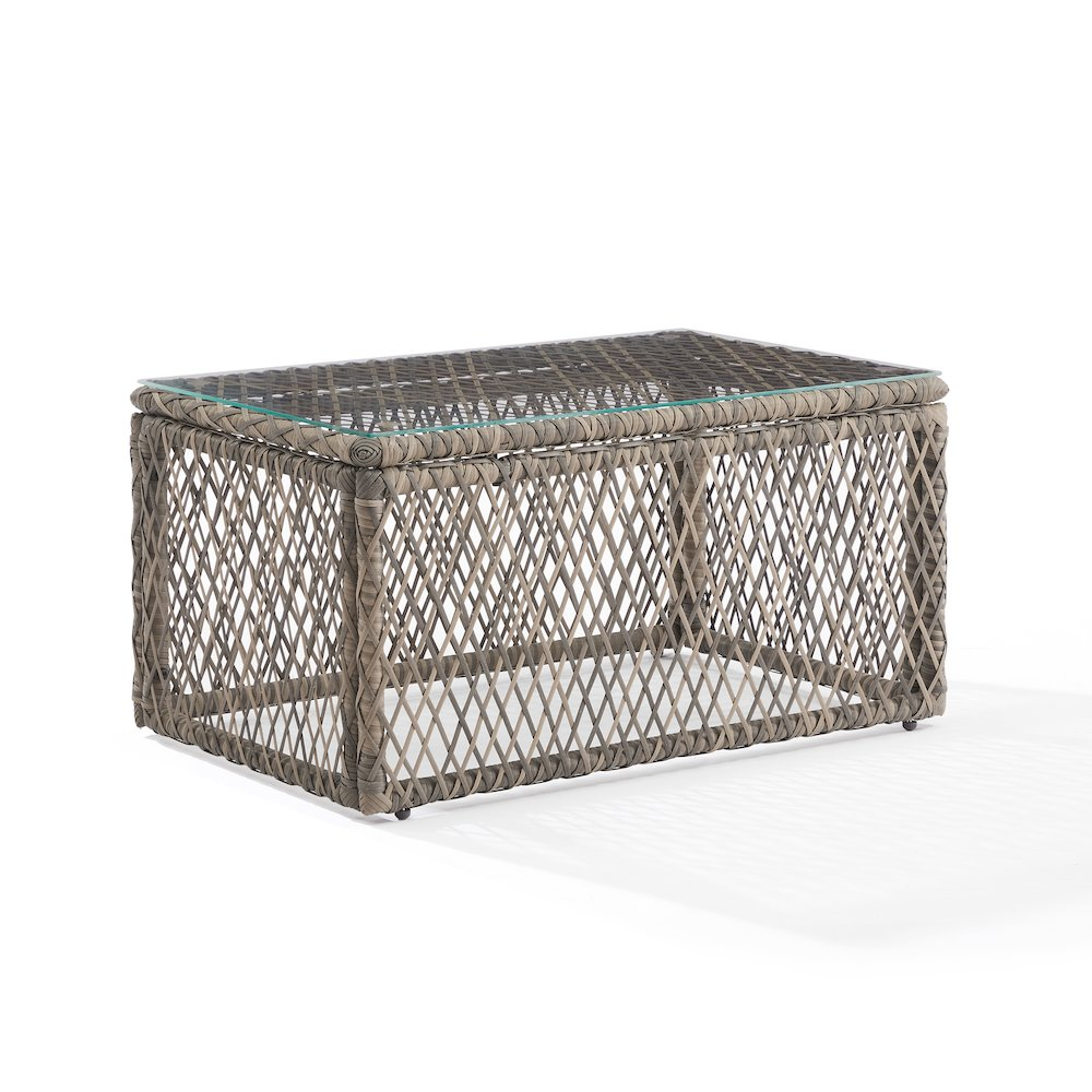 Start2Finish Granite Bay wicker outdoor coffee table with a glass top and woven wicker design, ideal for patio or garden seating areas.