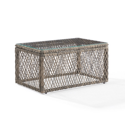 Start2Finish Granite Bay wicker outdoor coffee table with a glass top and woven wicker design, ideal for patio or garden seating areas.