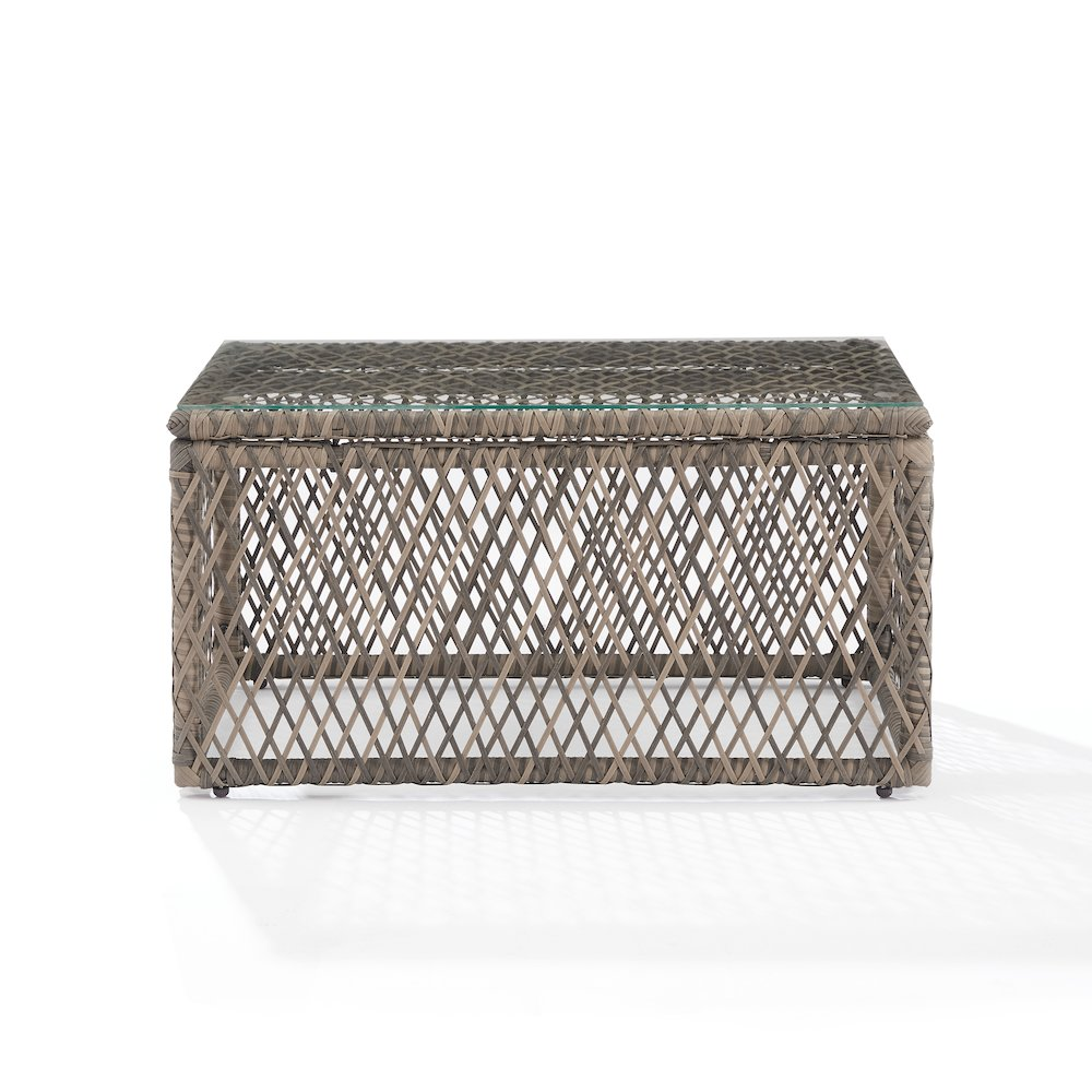 Start2Finish Granite Bay wicker outdoor coffee table with a flat surface and sturdy wicker frame for patio or garden use.