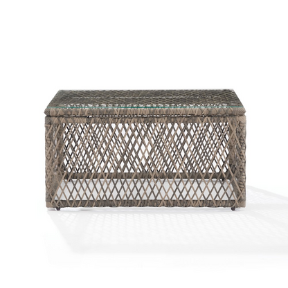 Start2Finish Granite Bay wicker outdoor coffee table with a flat surface and sturdy wicker frame for patio or garden use.