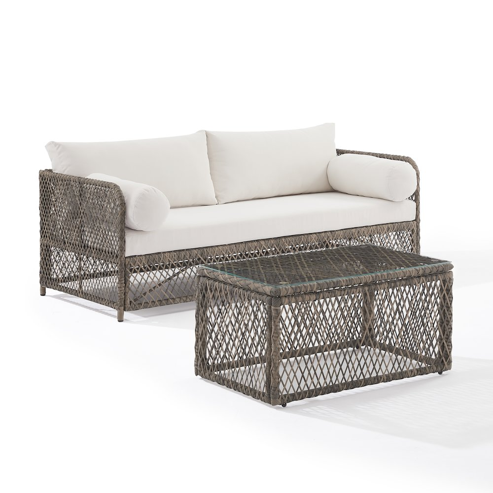 Start2Finish Granite Bay 2-piece wicker outdoor sofa and coffee table patio furniture set, featuring beige cushions and sturdy wicker frames.