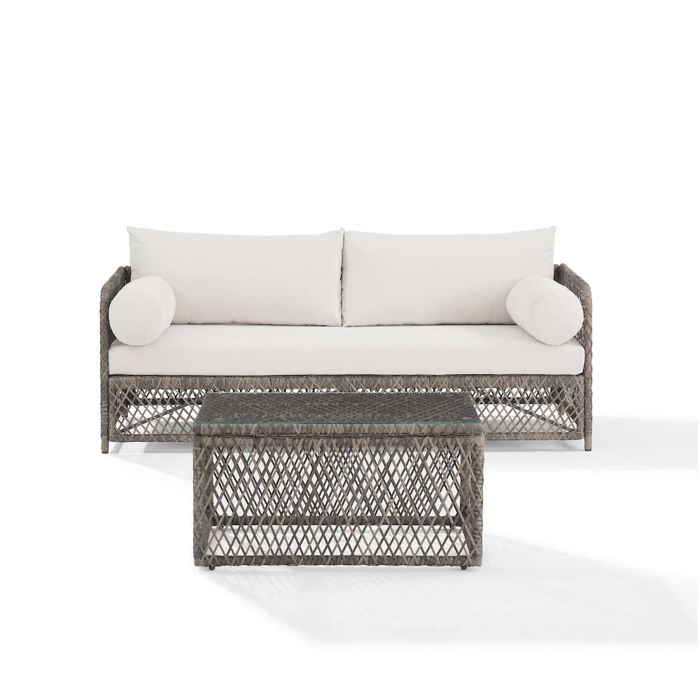 Start2Finish Granite Bay 2-piece wicker outdoor sofa and coffee table patio furniture set, with cushioned sofa and glass-topped table.