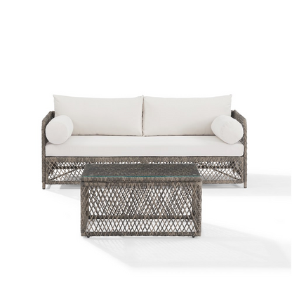 Start2Finish Granite Bay 2-piece wicker outdoor sofa and coffee table patio furniture set, with cushioned sofa and glass-topped table.
