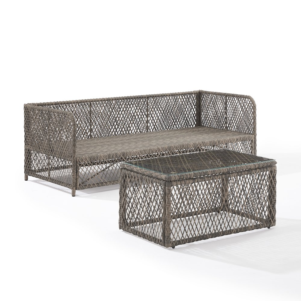 Start2Finish Granite Bay 2-piece wicker outdoor sofa and coffee table patio furniture set with plush cushions and woven design.
