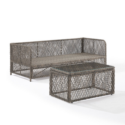 Start2Finish Granite Bay 2-piece wicker outdoor sofa and coffee table patio furniture set with plush cushions and woven design.