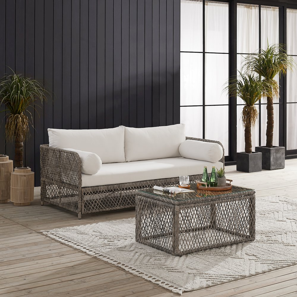 Start2Finish Granite Bay 2-piece wicker outdoor sofa and coffee table set with cushioned seats and modern patio design.