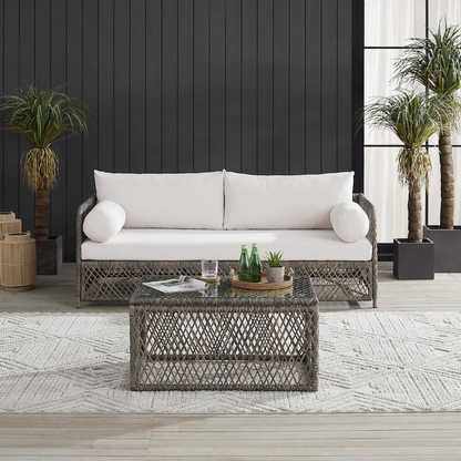 Start2Finish Granite Bay 2-piece wicker outdoor sofa and coffee table patio furniture set, featuring plush cushions and stylish design.