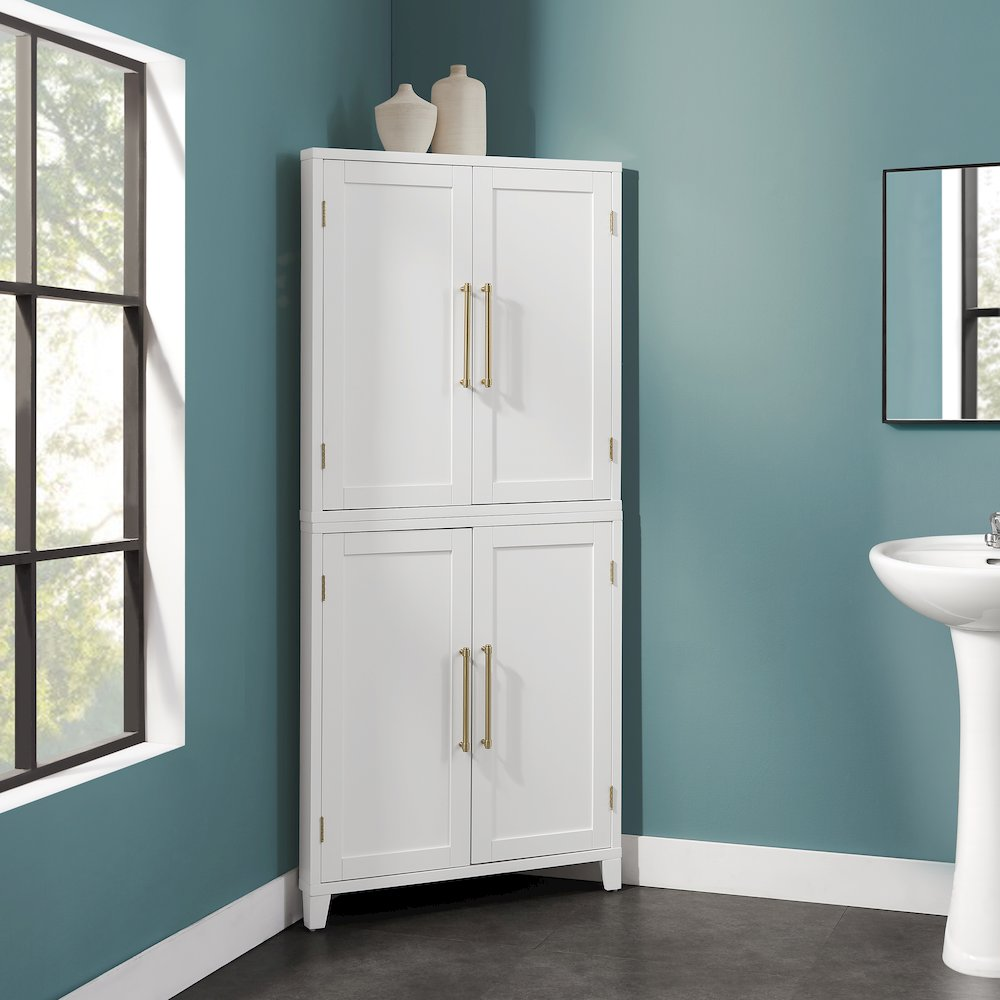 Roarke corner kitchen storage pantry cabinet by Start2Finish with multiple shelves and a sleek wooden finish.