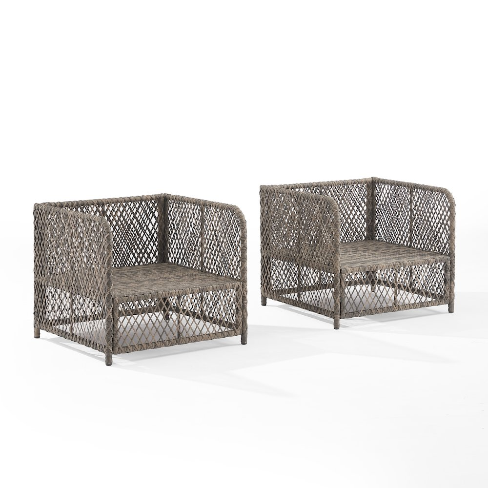 Start2Finish Granite Bay 2-piece wicker outdoor chair set with two cushioned chairs and metal frames, ideal for patio relaxation.