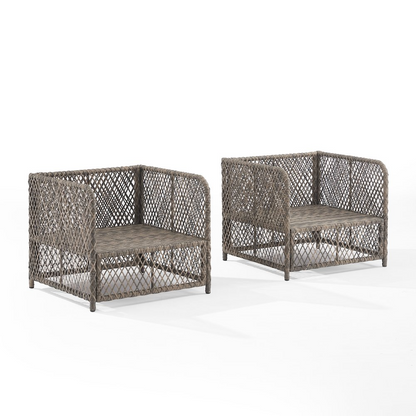 Start2Finish Granite Bay 2-piece wicker outdoor chair set with two cushioned chairs and metal frames, ideal for patio relaxation.