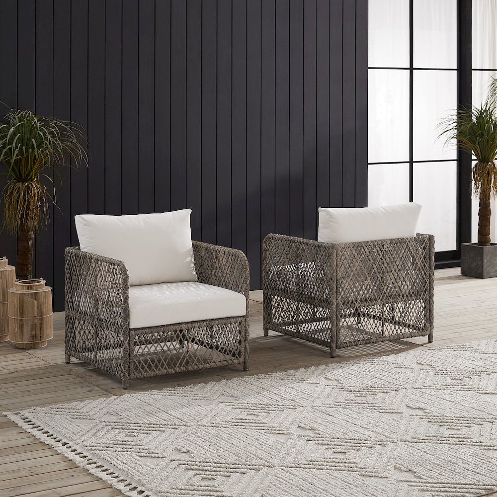 Start2Finish Granite Bay 2-piece wicker outdoor chair set with two cushioned chairs and metal frame for patio relaxation.
