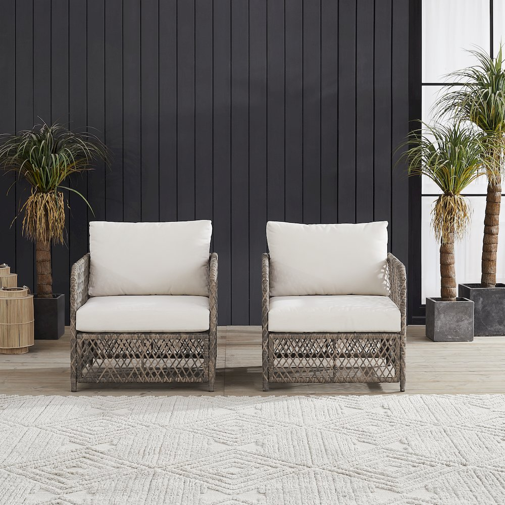 Granite Bay 2-piece wicker outdoor chair set by Start2Finish, featuring two cushioned chairs with woven wicker design for patio or garden.