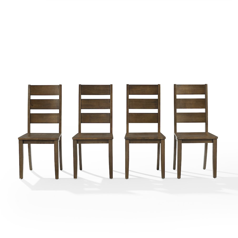 Set of four Joanna ladder-back dining chairs by Start2Finish with wooden frames and upholstered seats, arranged in a dining room setting.