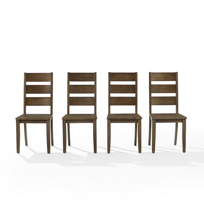 Set of four Joanna ladder-back dining chairs by Start2Finish with wooden frames and upholstered seats, arranged in a dining room setting.