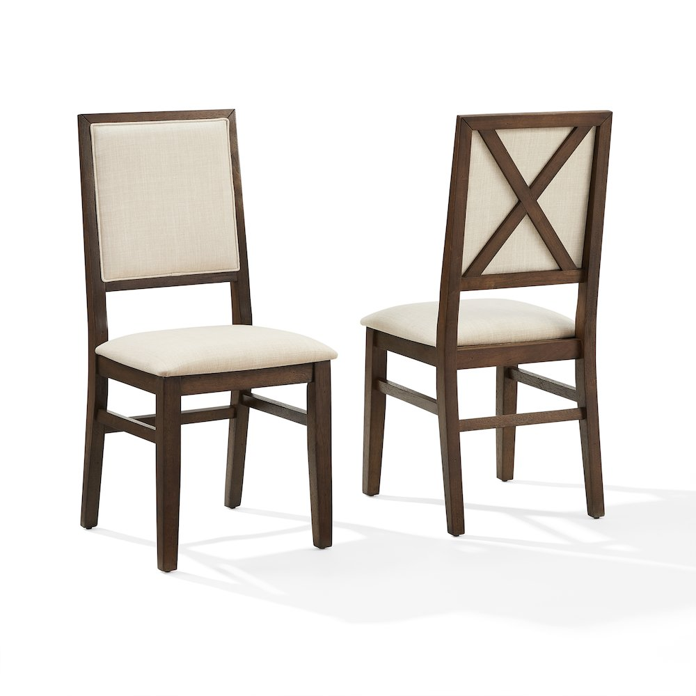 Set of two Joanna upholstered back dining chairs by Start2Finish with cushioned seats and wooden legs, perfect for dining room decor.