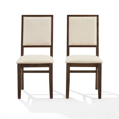 Two upholstered Joanna dining chairs from Start2Finish with padded backs and seats, featuring a contemporary design.