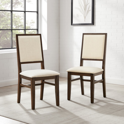 Two upholstered Joanna dining chairs from Start2Finish with padded seats and high backs, set against a neutral background.