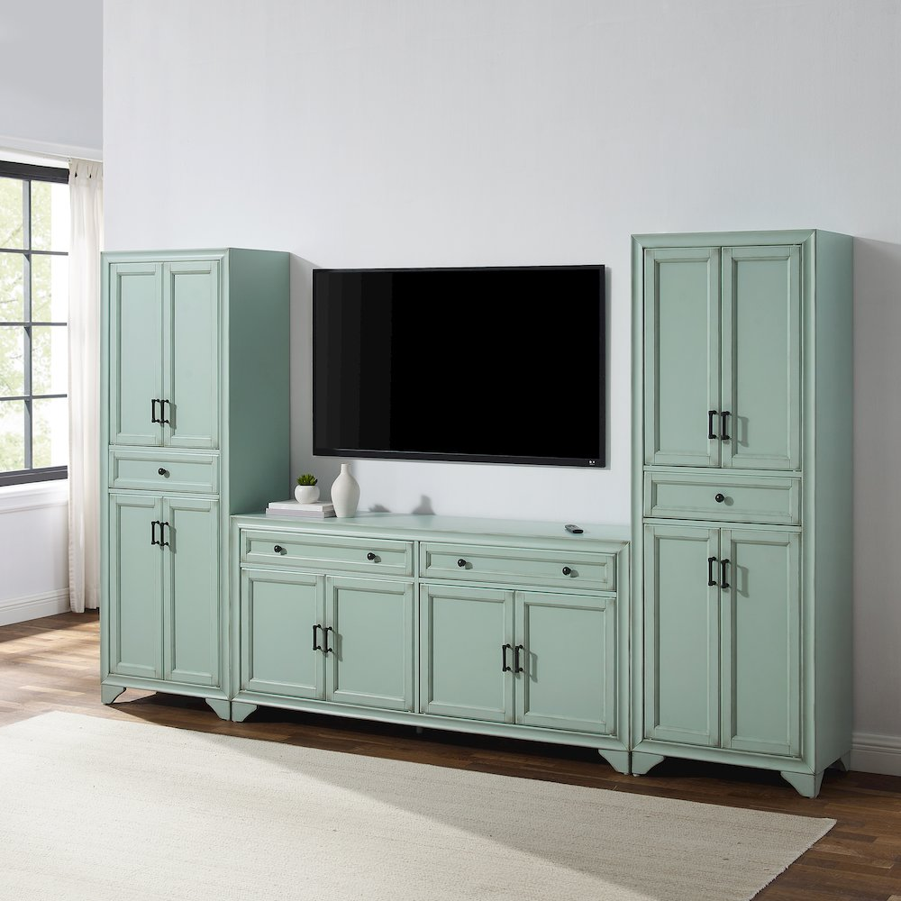 Start2Finish Tara 3-Piece Entertainment Center with sideboard and two pantries, showcasing modern wood finish and ample storage space.