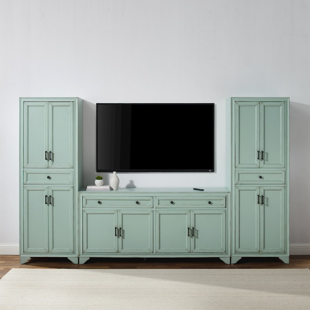 Start2Finish Tara 3-piece entertainment center with sideboard and two pantries, featuring modern wood finish and multiple storage compartments.