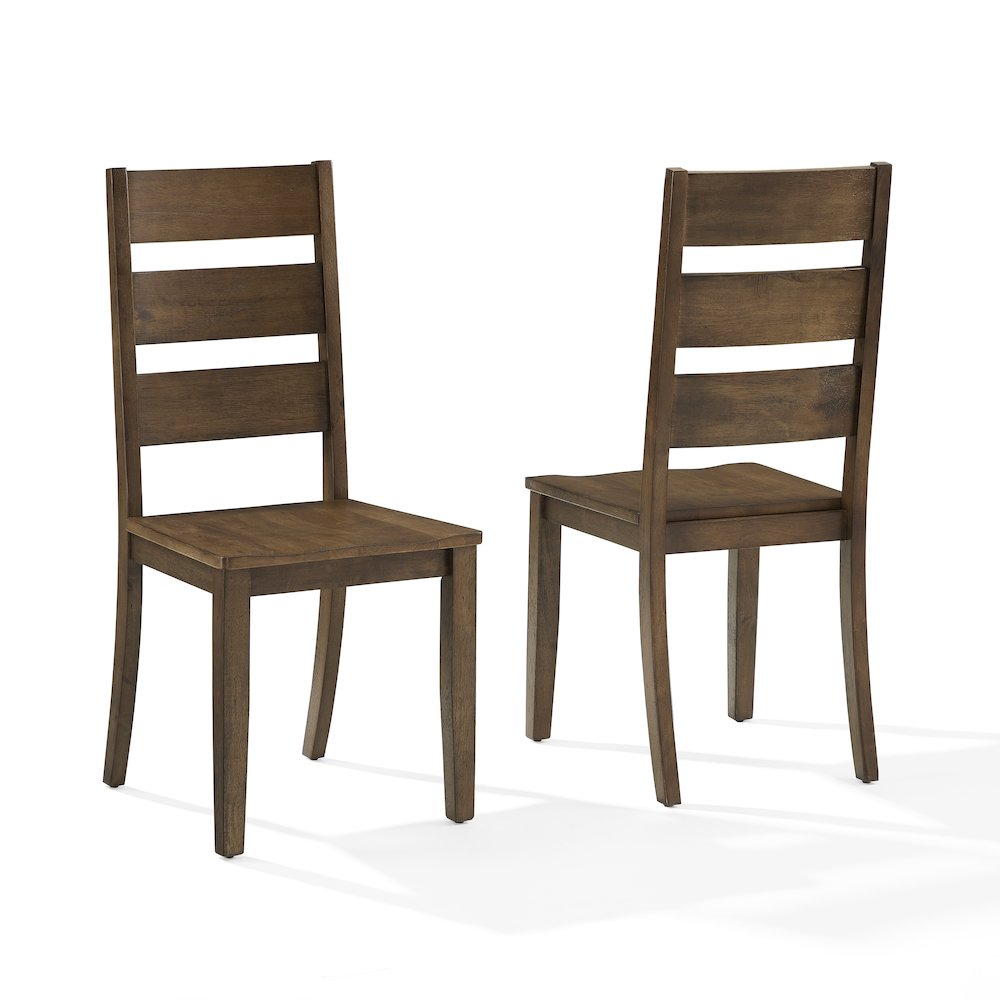 Two Start2Finish Joanna ladder-back dining chairs with wooden seats and curved vertical slats, set against a neutral background.
