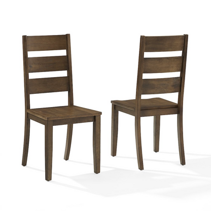 Two Start2Finish Joanna ladder-back dining chairs with wooden seats and curved vertical slats, set against a neutral background.