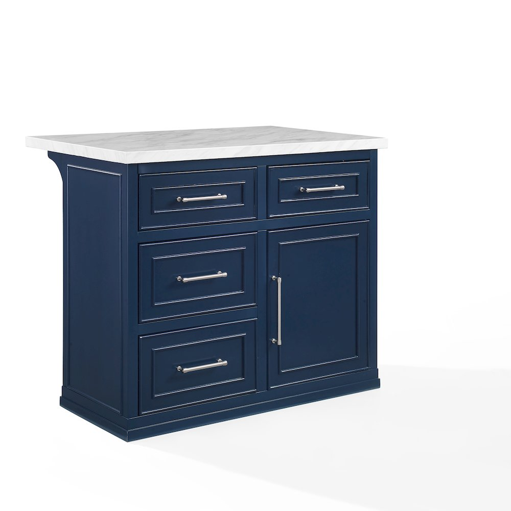 Start2Finish Cutler faux marble top kitchen island with sturdy wood base and spacious surface for food prep and storage.