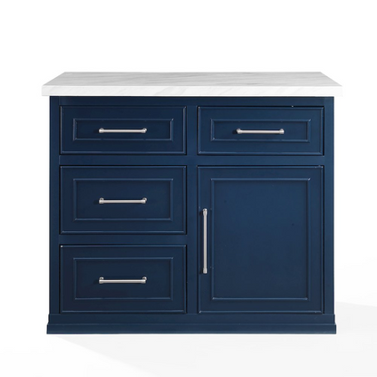 Start2Finish Cutler faux marble top kitchen island with spacious wooden cabinets and modern design.