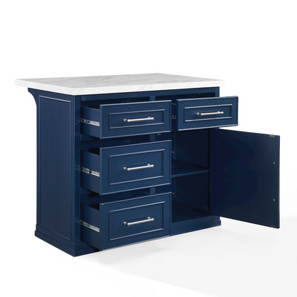 Start2Finish faux marble top kitchen island with sturdy wooden base and spacious surface for food prep and dining.