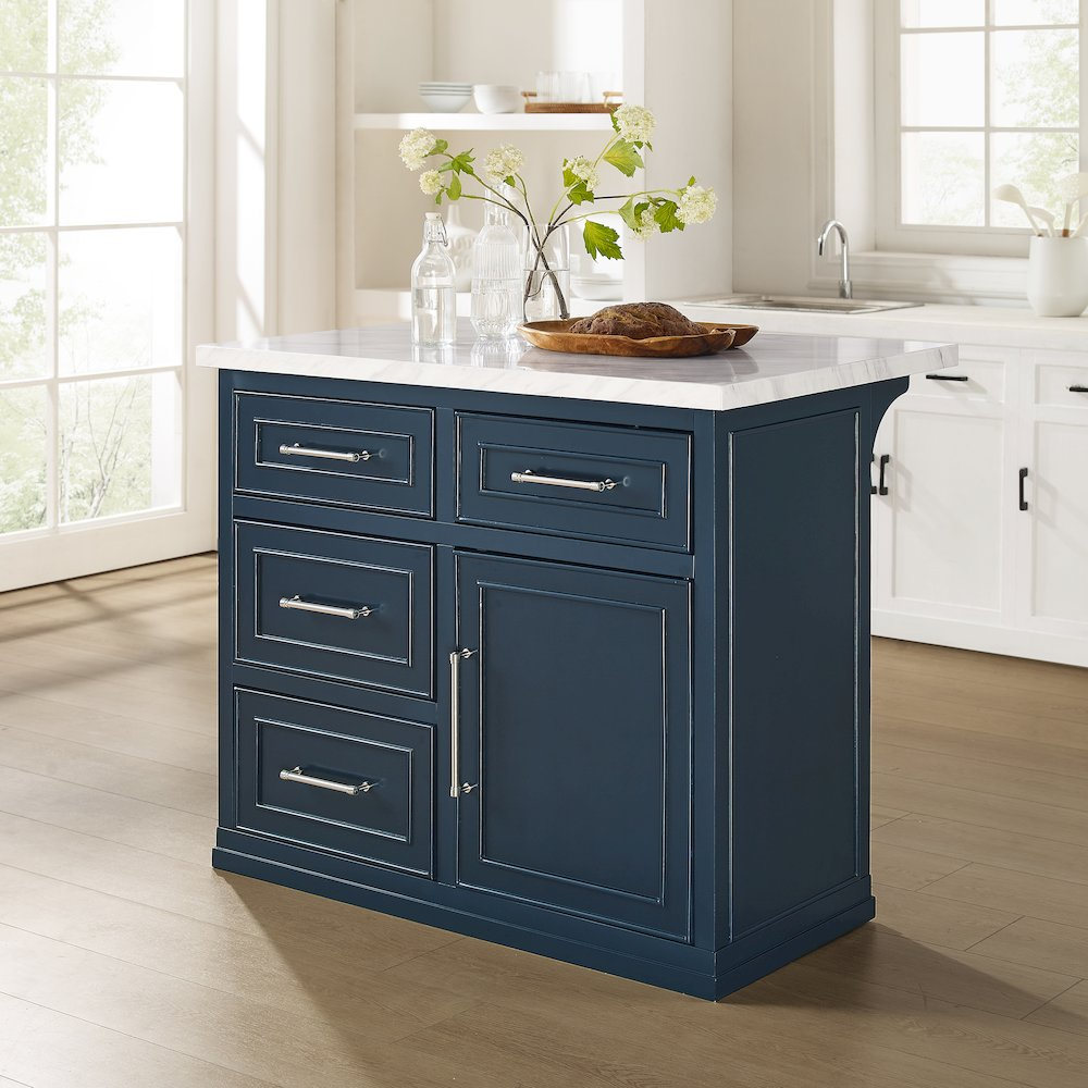 Start2Finish Cutler Faux Marble Top Kitchen Island with wood base and ample storage, ideal for modern kitchen spaces