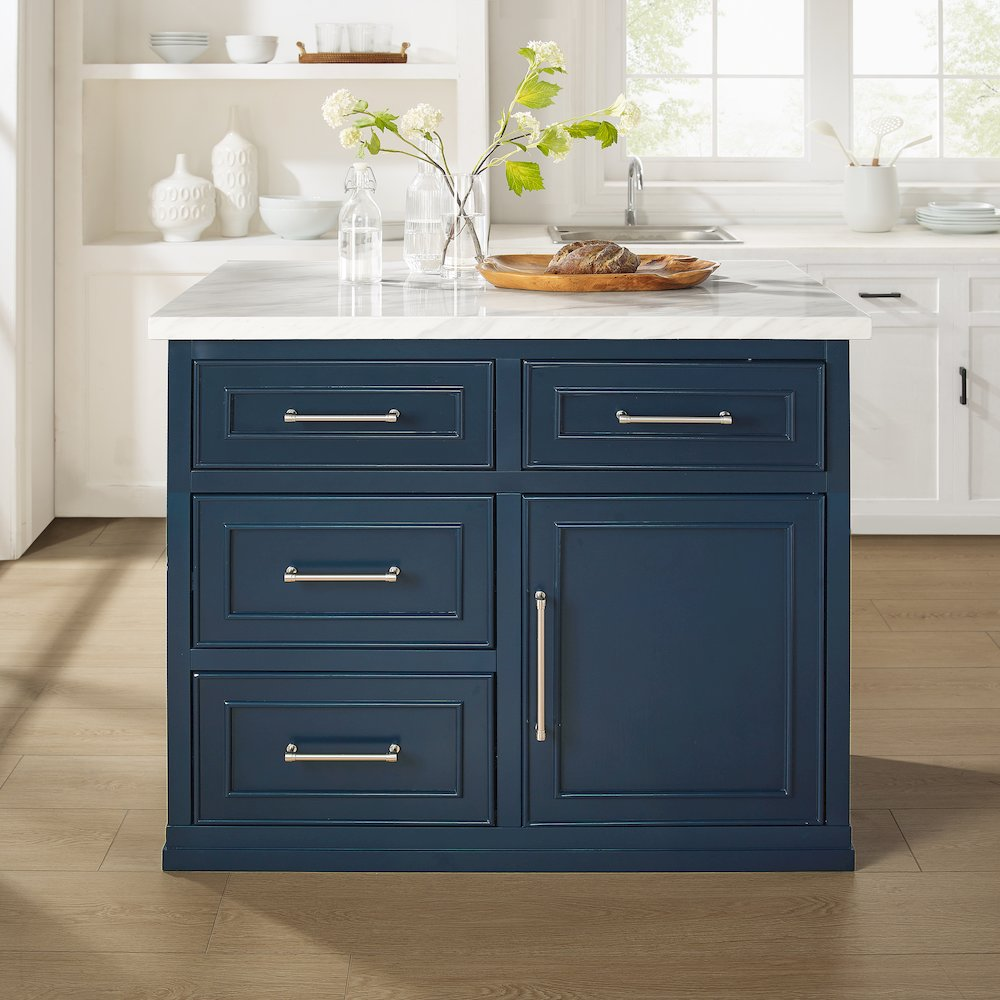 Start2Finish Cutler faux marble top kitchen island with wooden base, featuring spacious countertop and modern design.