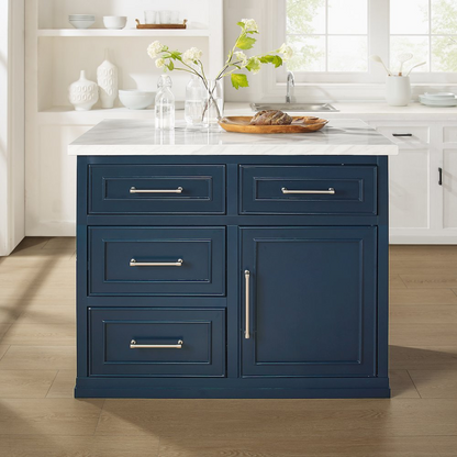 Start2Finish Cutler faux marble top kitchen island with wooden base, featuring spacious countertop and modern design.