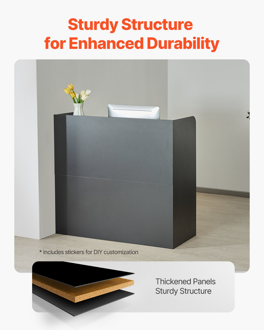 Black VEVOR reception desk with lockable drawer and storage cabinet, 47-inch rectangular office front counter with workspace and shelves.
