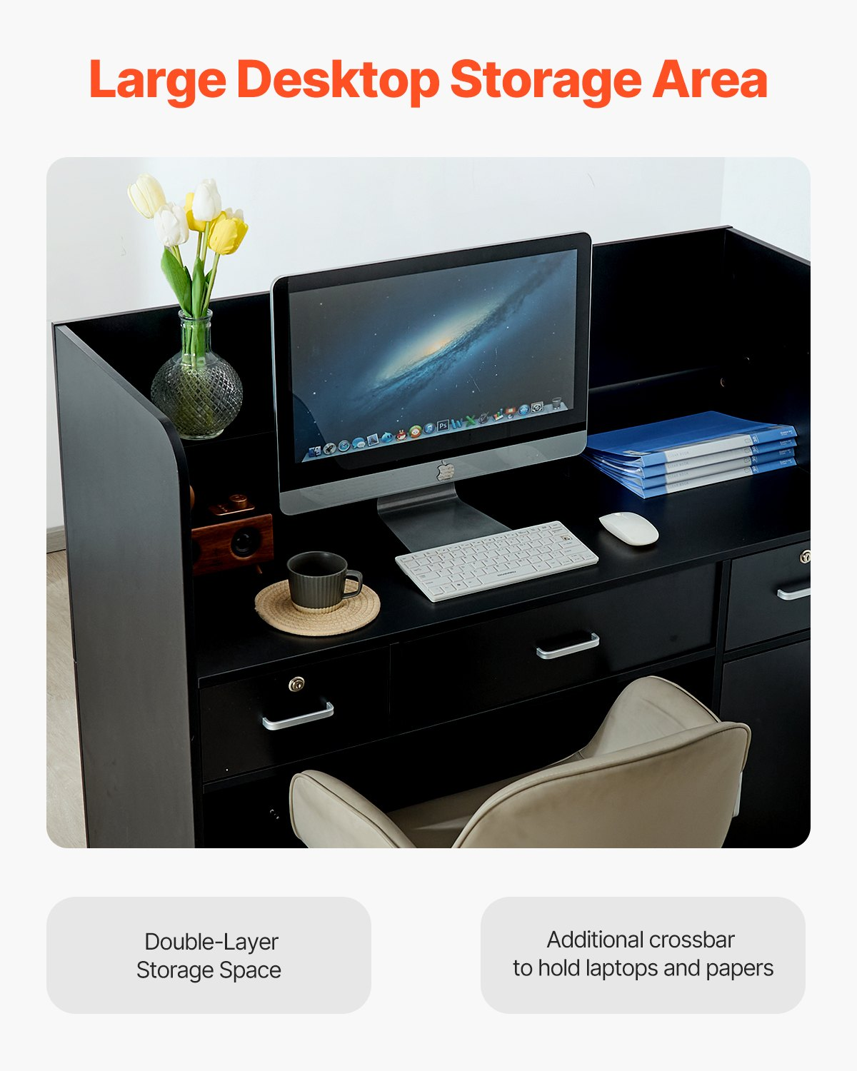 Start2Finish VEVOR reception desk in black, 47-inch rectangular front counter with lockable drawer and storage cabinet for office or lobby.