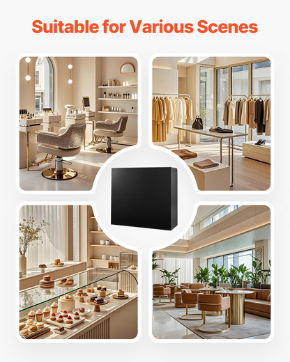 Black VEVOR reception desk with lockable drawer and storage cabinet, 47-inch rectangular office front counter with workspace and shelving.