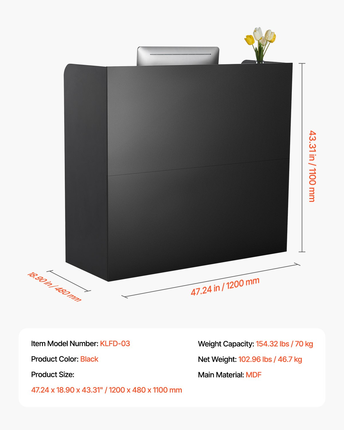 Start2Finish VEVOR 47-inch black reception desk with lockable drawer and storage cabinet, ideal for office or salon reception areas.