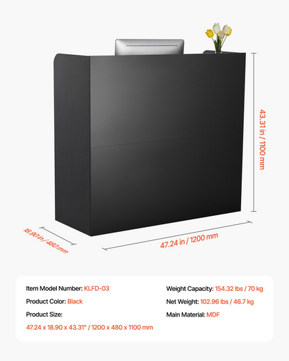 Start2Finish VEVOR 47-inch black reception desk with lockable drawer and storage cabinet, ideal for office or salon reception areas.