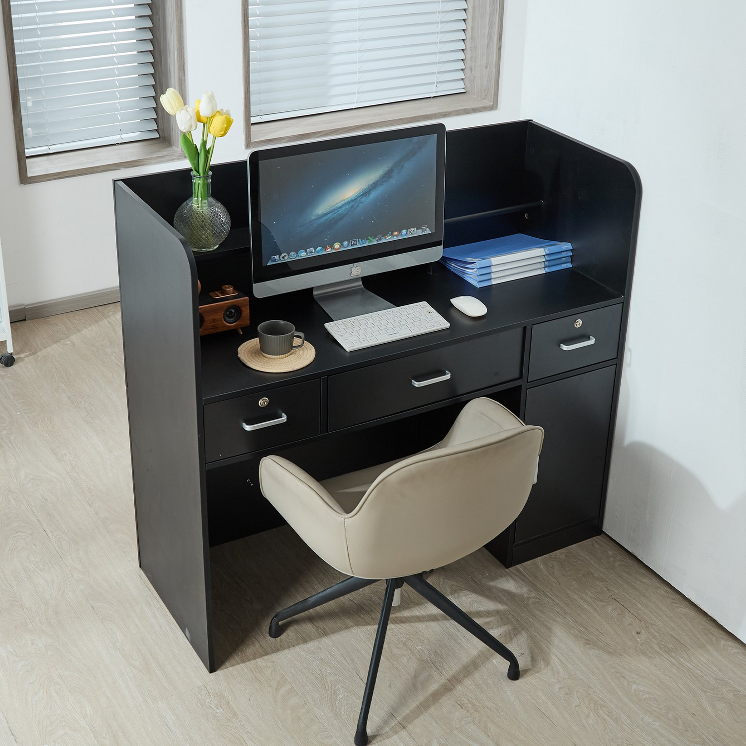 Start2Finish VEVOR black reception desk with lockable drawer and storage cabinet, 47-inch office front counter for lobby or salon.