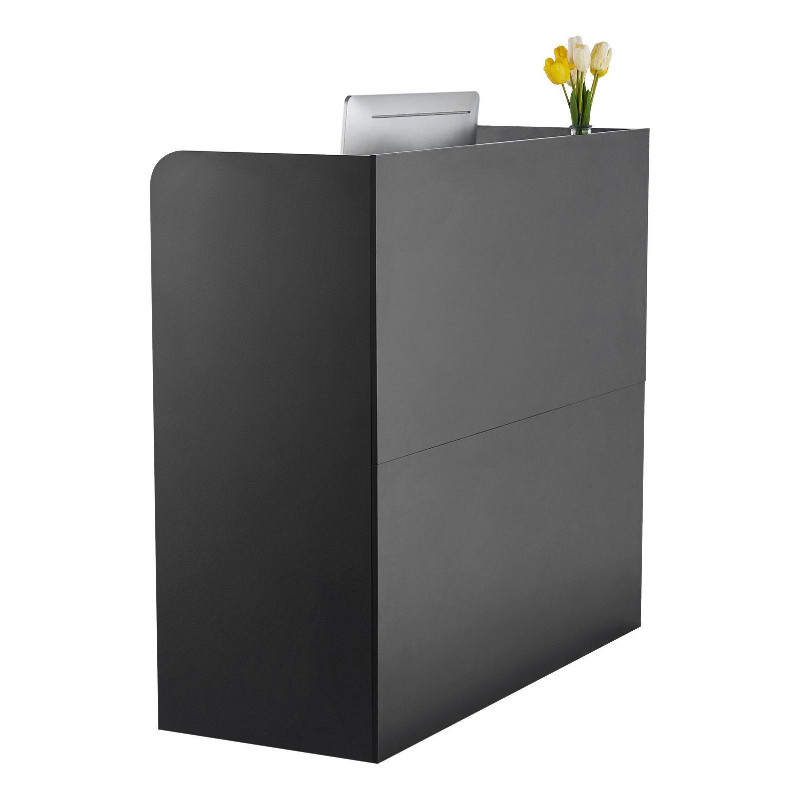 Start2Finish black VEVOR reception desk, 47-inch rectangular office counter with lockable drawer and storage cabinet for lobby or salon.