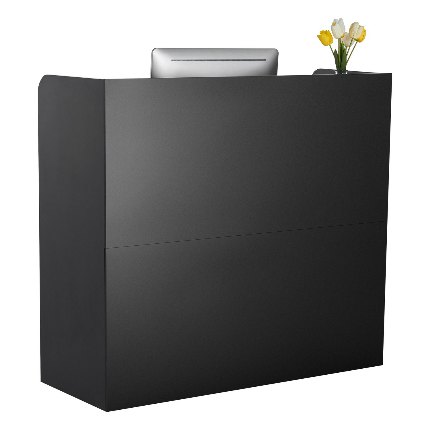 Start2Finish VEVOR 47-inch black reception desk with lockable drawer and storage cabinet, ideal for office, lobby, or salon reception areas.